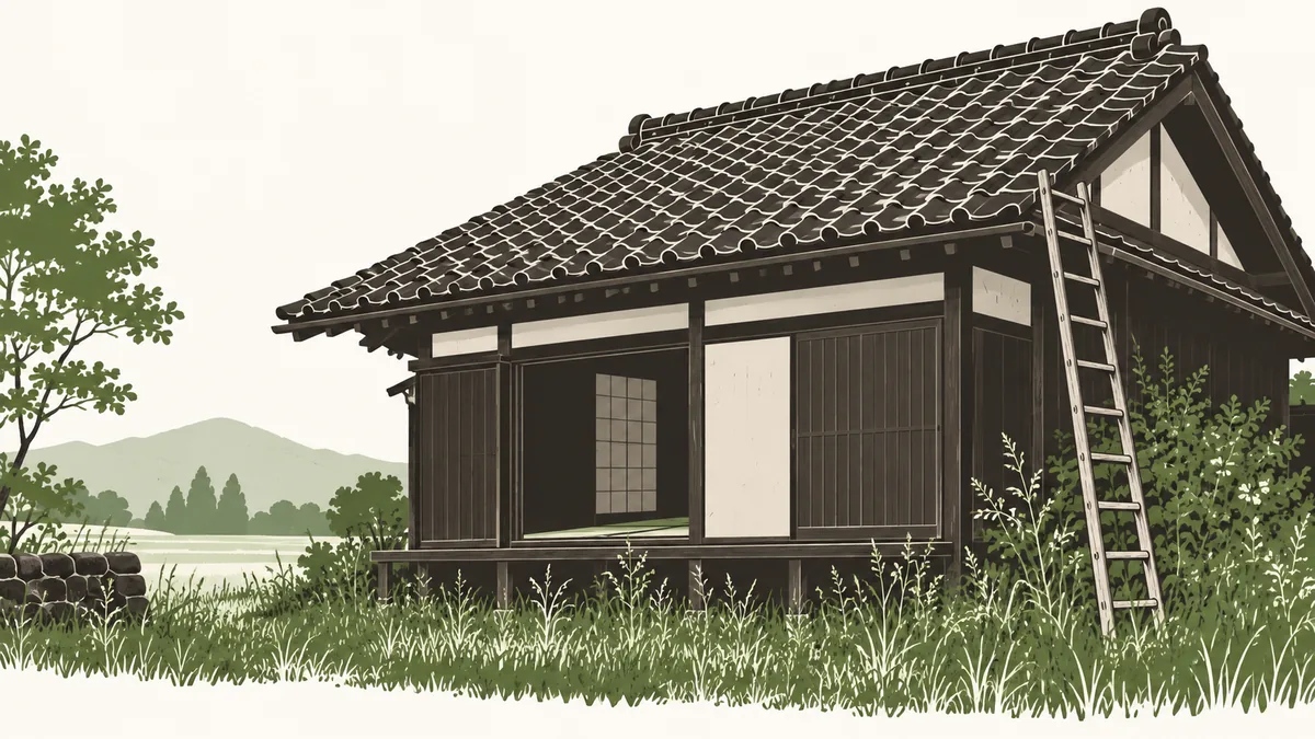 瓦屋根の古い木造家屋。雨戸が片側だけ開いていて、軒に木の梯子が立てかけてある。