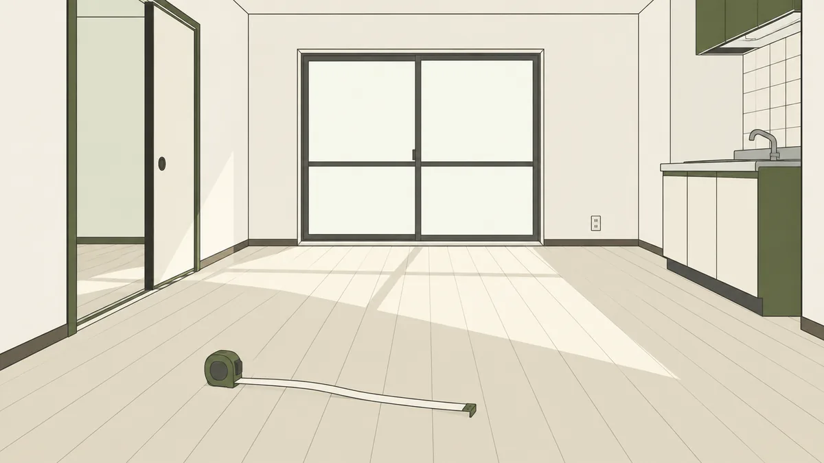 何も置かれていない賃貸の一室を斜めから見た図。窓から光が入り、床にメジャーが伸びている。